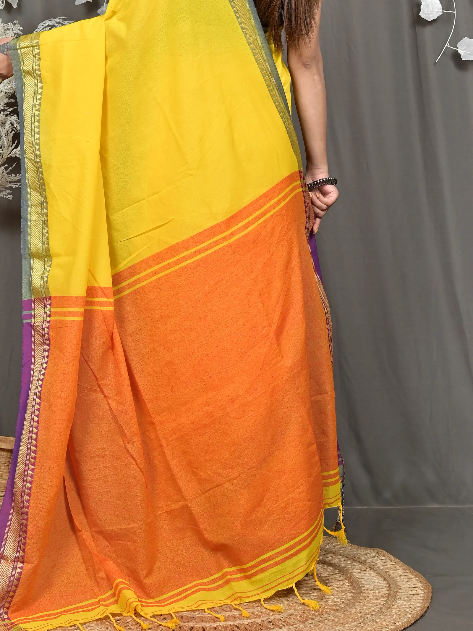 Yellow Pure Cotton Nopra Handloom Saree (2268)